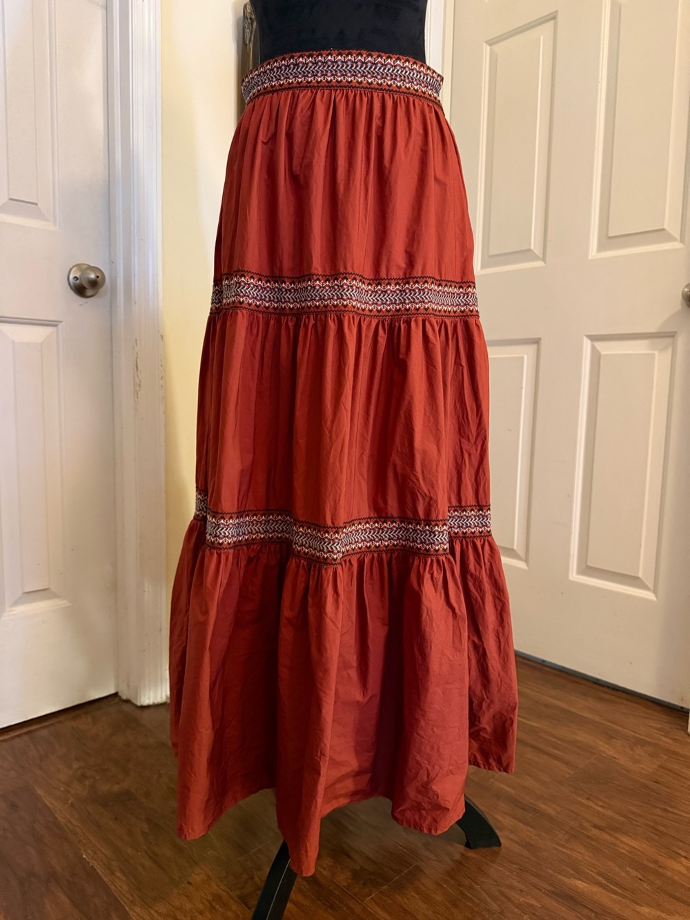 A Loves A 3 Tiered Boho Maxi Skirt Rust Orange Embroidered Festival Cottagecore - Picture 3 of 8